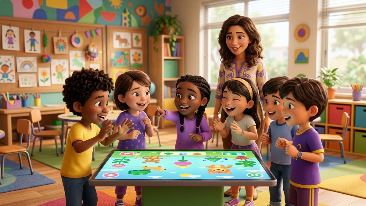 Professor e alunos interagindo com jogo educativo via gestos no Yonazan